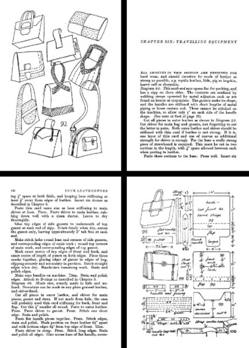 May include: A black and white line drawing of various leather bag designs. The image includes instructions for making a leather bag with a flap closure, a handle, and a strap. The text in the image reads "Chapter Six: Travelling Equipment".