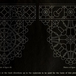 May include: Two white line art lace patterns on a black background. The left design is labeled Pattern of figure 68 and the right is labeled Pattern of figure 69. Below the designs, the text reads: See at the back directions as to the materials to be used for the laces of this plate.