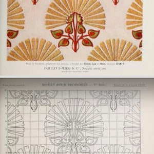 May include: A vintage embroidery pattern sheet featuring a repeating floral motif with golden fan-shaped petals and red-outlined green leaves. The top section displays the colored design, while the bottom shows a black-and-white grid layout.