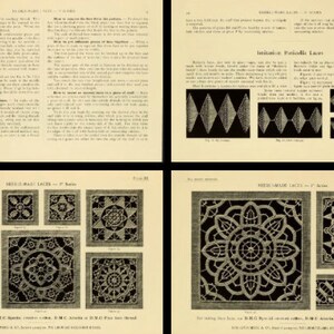 May include: Four pages from a vintage instructional book titled Needle-Made Laces 1st Series. The pages contain detailed text instructions, diagrams, and black-and-white illustrations of intricate lace patterns, geometric motifs, and floral designs.