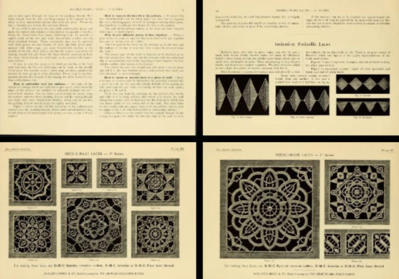 May include: Four pages from a vintage instructional book titled Needle-Made Laces 1st Series. The pages contain detailed text instructions, diagrams, and black-and-white illustrations of intricate lace patterns, geometric motifs, and floral designs.