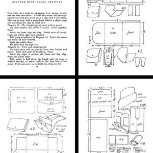 May include: A black and white line drawing of patterns for small leather goods, such as wallets and purses. The patterns include measurements in inches and are labeled with numbers. The text in the image reads "Chapter Four: Small Articles".