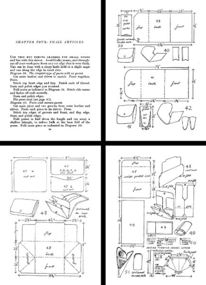 May include: A black and white line drawing of patterns for small leather goods, such as wallets and purses. The patterns include measurements in inches and are labeled with numbers. The text in the image reads "Chapter Four: Small Articles".