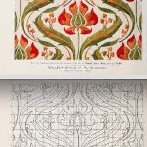 May include: A vintage embroidery pattern sheet featuring a colorful floral design with orange, red, and green leaves and flowers, paired with a corresponding black and white grid line drawing. Text includes MOTIFS POUR BRODERIES and DOLLFUS-MIEG & CIE.
