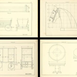 May include: A technical drawing page featuring four distinct diagrams: a wooden beam, a horse head profile on a grid, a milk and cream wagon with wheels, and a circular table design. Each black and white illustration includes precise measurements in inches.