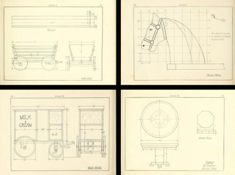 May include: A technical drawing page featuring four distinct diagrams: a wooden beam, a horse head profile on a grid, a milk and cream wagon with wheels, and a circular table design. Each black and white illustration includes precise measurements in inches.