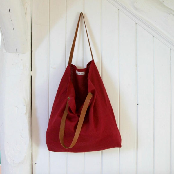 Tote bag en lin lavé avec anses en cuir, Sac de courses en lin rouge framboise, Sac de bibliothèque, Cabas en tissu, Sac pour le marché