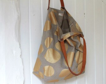 Zero waste grocery tote Plaid print shopper Linen market bag Eco friendly Tote bag in checked linen with leather straps Linen shopper