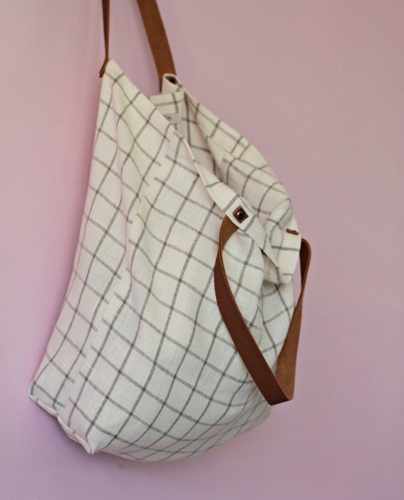 Zero waste grocery tote Plaid print shopper Linen market bag Eco friendly Tote bag in checked linen with leather straps Linen shopper