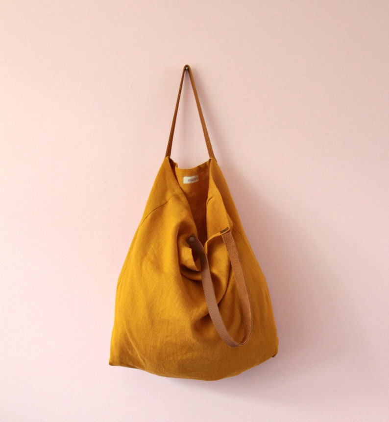 Yellow linen tote bag with leather straps Mustard yellow Etsy