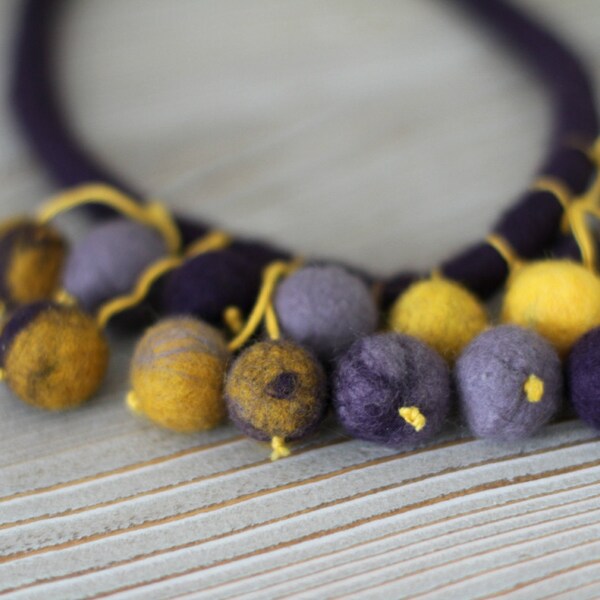 Felted necklace Merino wool felt necklace blueberry and mustard yellow