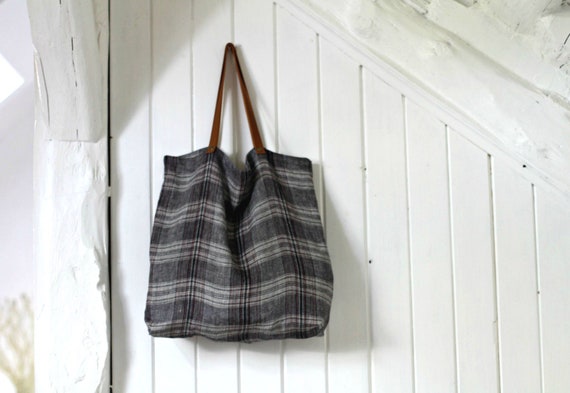 Zero waste grocery tote Plaid print shopper Linen market bag Eco friendly Tote bag in checked linen with leather straps Linen shopper