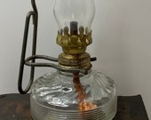 Vintage Antique Estate Clear Glass Miniature Mini Kerosene Oil Lamp With Chimney and Wire Wall Hanging Bracket