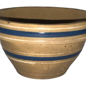 Antique Yellow Ware Pottery Mixing Bowl Glazed Earthenware Clay Cobalt Blue Stripe