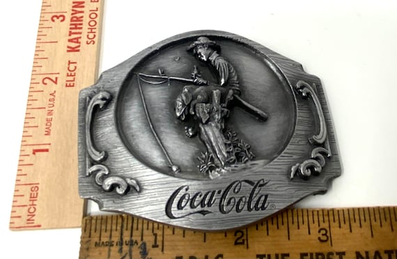Coca Cola Coke Advertising Belt Buckle pewter Limited Edition Little Boy and Dog Fishing Off Dock Vintage Retro 1990's