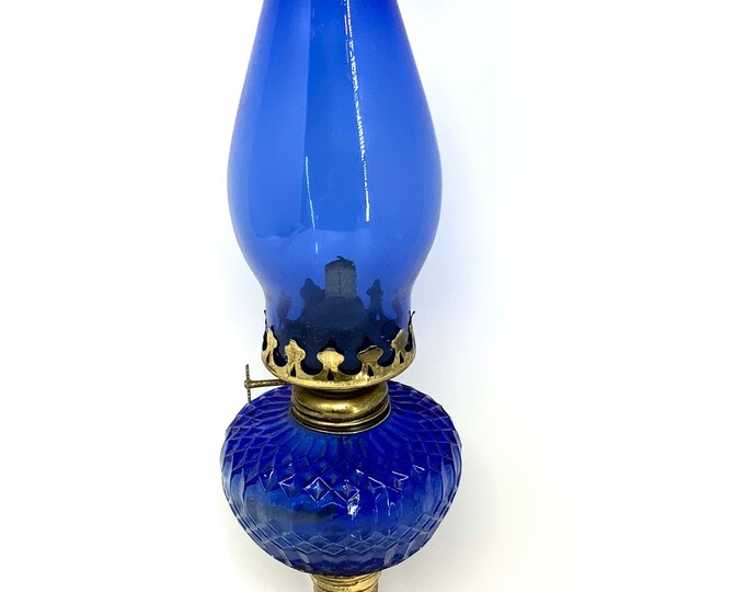 Vintage Cobalt Blue Glass Oil Lamp With Cobalt Ruffle Edge Top Chimney
