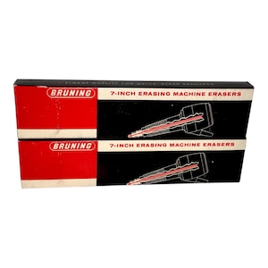 May include: Two boxes of Bruning 7-inch erasing machine erasers. The boxes are rectangular with a red and black color scheme. The red section features the Bruning logo. The black section displays an illustration of the eraser and the text "7-INCH ERASING MACHINE ERASERS."