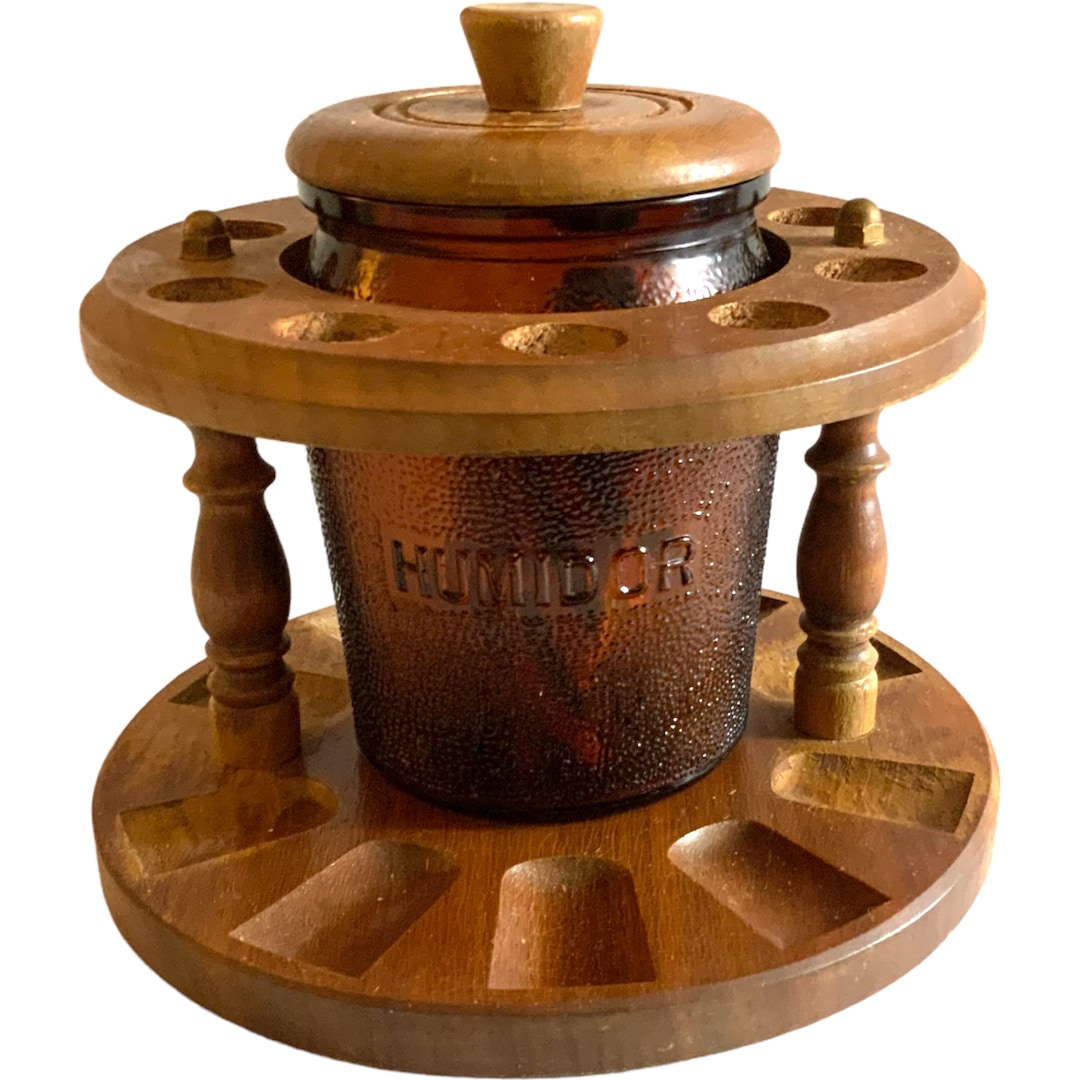 Vintage Wooden 10 Pipe Holder Stand With Amber Glass Tobacco Etsy