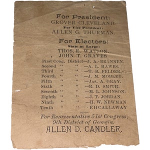 Grover Cleveland Campaign Ticket Presidential Political Regular Democratic Ticket Pinback Button Badge Antique 1870’s Georgia