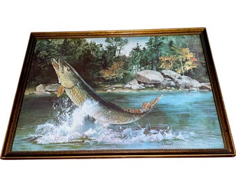 Vintage Northern Pike Fish Leaping Out of Water Framed & Matted Robert Chappell Wall Hanging Artwork