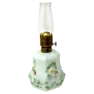 Vintage Small Embossed Flower Cosmo Paneled Milk Glass Pale Pink Green Yellow Blue Kerosene Oil Lamp With Chimney