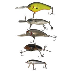 Vintage 5 Fishing Lure Tackle Bomber Model A Crankbait Rapala Floating Minnow Bailey DB3 Crawdad Bomber Whopper Stopper Hellbender