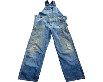 Vintage Sanforized Denim Button Overalls Repaired Work Wear Jeans Pants Railroad Distressed Grunge with Metal Buttons Patchwork Farmer