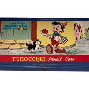 RARE Vintage Walt Disney Wonderful World-Color Pinocchio Pencil Box Case With Contents Pencil Crayons Ruler MAP 1960’s