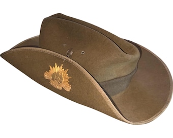Vintage Australian Military Forces Slouch Hat Cap Style With Leather Chin Strap Size 6 7/8 Hat Band Pin Badge Wool Felt