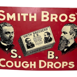Vintage Smith Bros S.B. Cough Drops Tin Advertising Sign Old Grocery General Store Pharmacy Authentic Original American Cough Drop