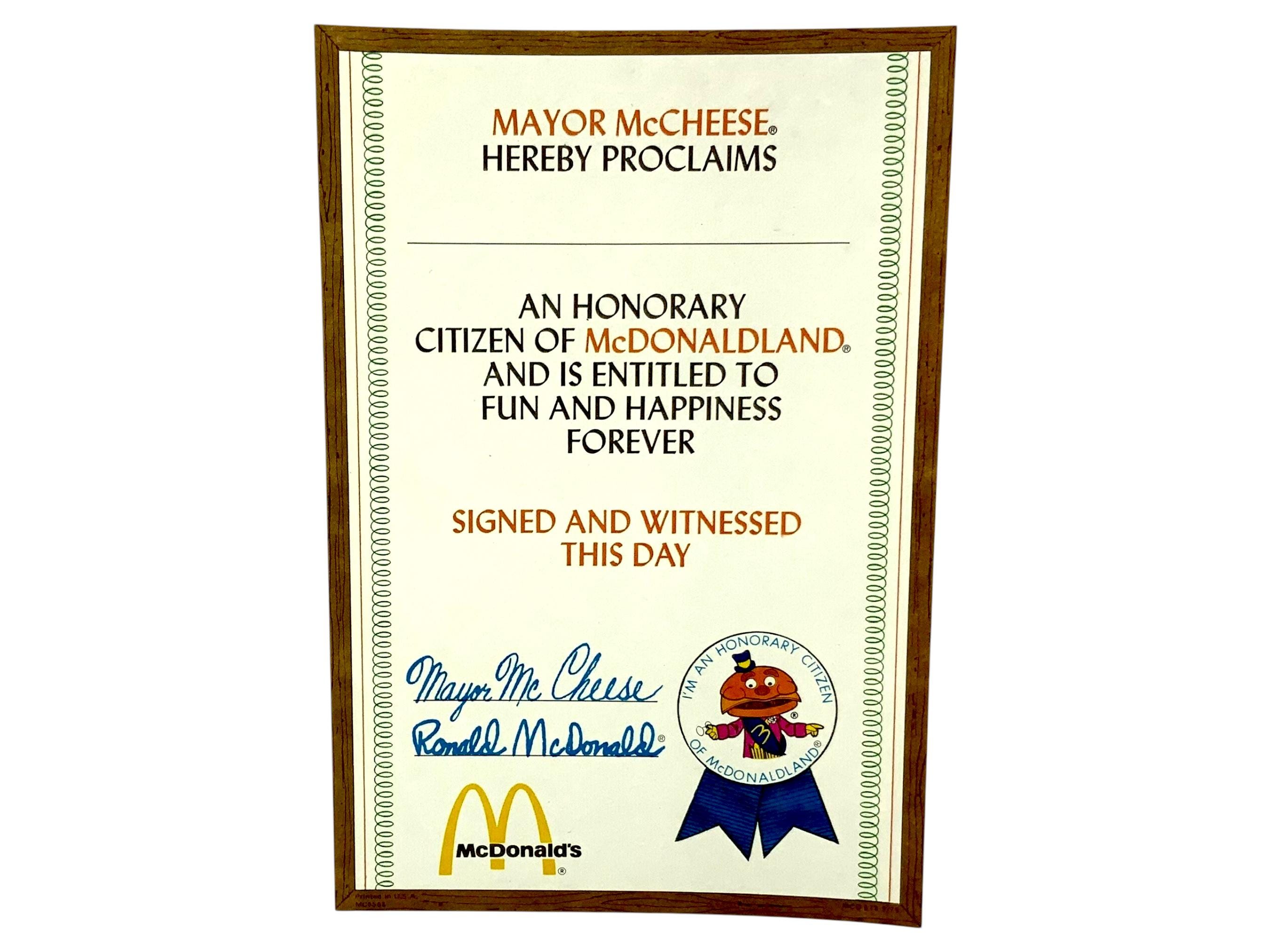 Vintage Mcdonalds Mcdonaldland Citizen Certificate Big Mac Burger