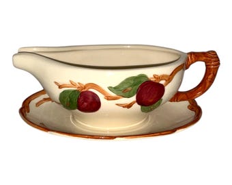 Vintage Franciscan Apple Pottery Gravy Boat with Attached Underplate 1949-1953 USA Farmhouse Oven Ware
