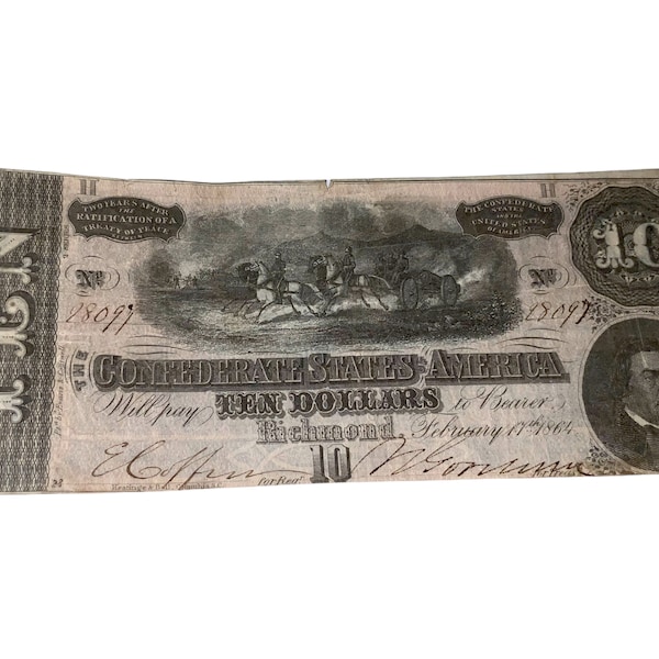 Antique Civil War 1864 Confederate States America Ten Dollars Note Banknote Money Obsolete Currency