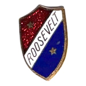 May include: A vintage shield-shaped pin with a gold border. The top left section is red with glitter, the bottom right is blue, and a white diagonal stripe has the name "ROOSEVELT". Each colored section has a small gold star.