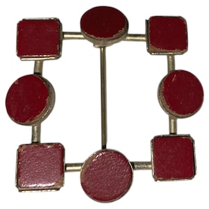 Vintage Art Deco Rot Leder Geometrische Formen Brosche Pin Kostüm Schmuck Mitte Jahrhundert Mute Gold Ton Quadrate Kreise