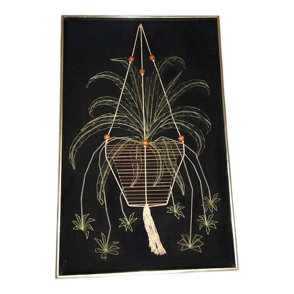 Vintage Mid Century Nail String Art Wall Hanging Art Framed 3-D Hanging Plant