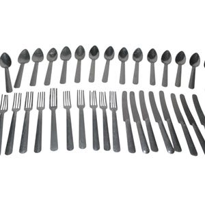 Vintage Cutlery Spoons Knives Forks Tea Set 1940’s Tin Aluminum Flatware Toy 36 Pieces 1940’s Silverware