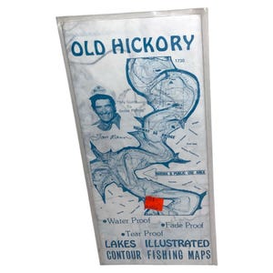 Mapa ilustrado vintage de Tom Mann de Old Hickory Lakes, 1977. Señuelos de pesca, cebos, aparejos, arte mural, pescador, navegante, náutico, Tennessee.