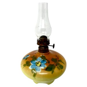 Vintage Miniature Kerosene Oil Lamp With Clear Chimney Milk Glass Yellow Hand Painted Blue Flower
