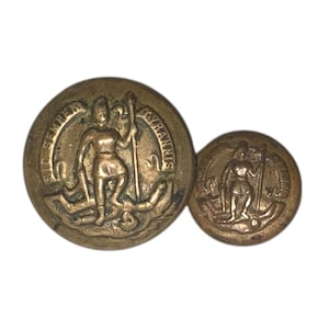 May include: Two antique brass buttons. The larger button features a figure holding a spear, with the text "SIC SEMPER TYRANNIS" around the edge. The smaller button has a similar design. Both buttons have a tarnished, aged appearance.