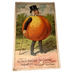 Cartão postal vintage de 1887 da Bufford Peach Fruit Trade Card, The Great American Tea Company, RARO, um pêssego incrível, autêntico, original e vegetal