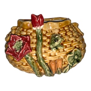 Vintage Majolika-Pflanzgefäß, Vase, Übertopf, Korbgeflecht und Froschmotiv