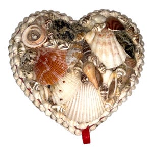 May include: Heart-shaped box decorated with various seashells. The box features a mix of colors, including white, tan, brown, and orange. A red ribbon is attached to the bottom. The box is likely used for storing small items.
