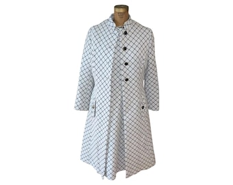 Vintage Mod Saks Fifth Avenue 2 Piece Dress and Coat Ensemble White with Navy Blue A Line Plaid Jackie O