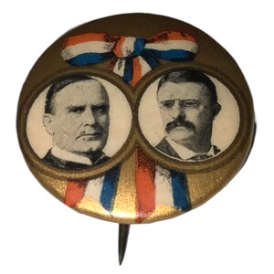 1897 Teddy Roosevelt William McKinley Jugate-kampanjen Knapp med nål Whitehead Hoag Äkta original