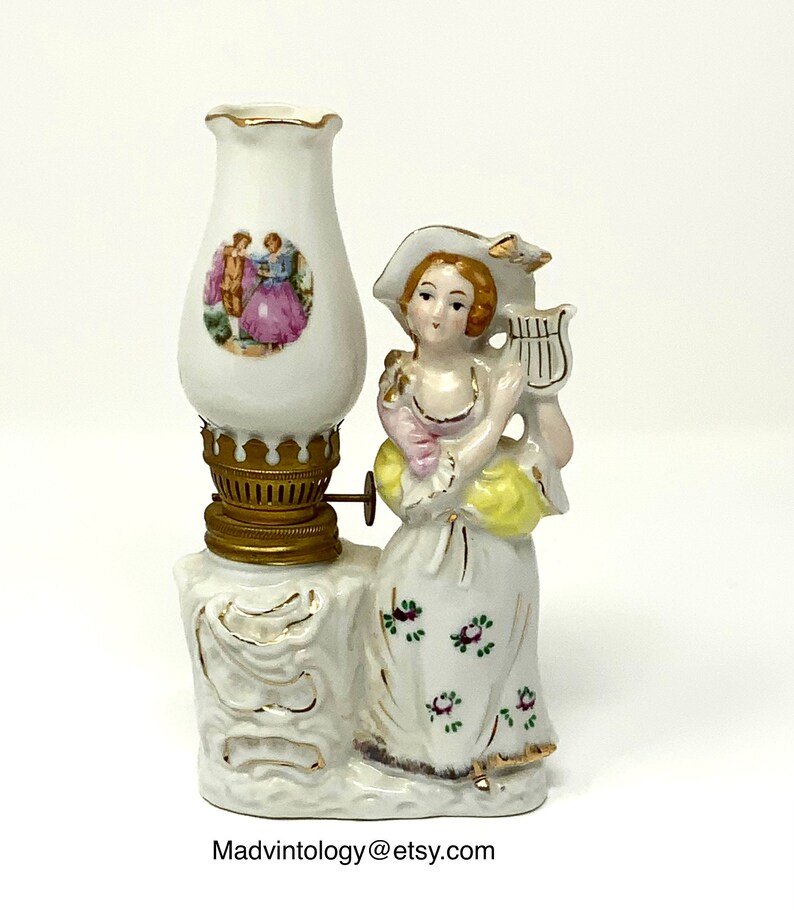 Vintage Mini Kerosene Oil Lamp Made in Japan Woman With Harp Etsy