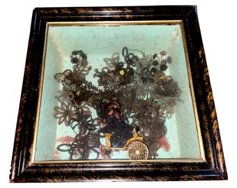 Victorian 1800’s Mourning Deceased Human Hair Art Large Piece of Wall Decor Oddity Asian Rickshaw