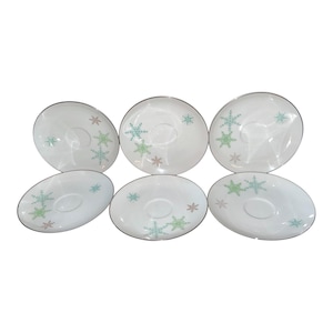 May include: Six white saucers with a silver rim and a snowflake design in shades of blue, green, and pink. The saucers are arranged in a circular pattern, showcasing their decorative winter theme.