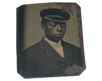 Antique African American Black Man Tintype Photo Railroad Worker Steward or Civil War Soldier Uniform Hat and Coat RARE