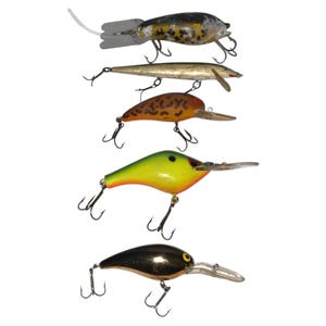 Vintage 5 Fishing Lure Tackle Brown Bomber Bandit Crankbait Minnow Norman Deep Little N Poe’s Super Cedar Fred Arbogast Coachdog Mud Bug